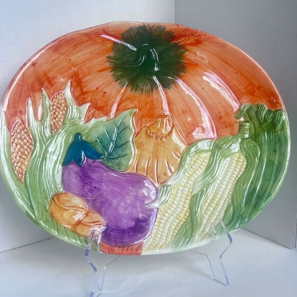 Vtg Large Ceramic Vegetable Harvest Platter Hand-Painted  Pumpkin Corn Eggplant - Picture 1 of 9